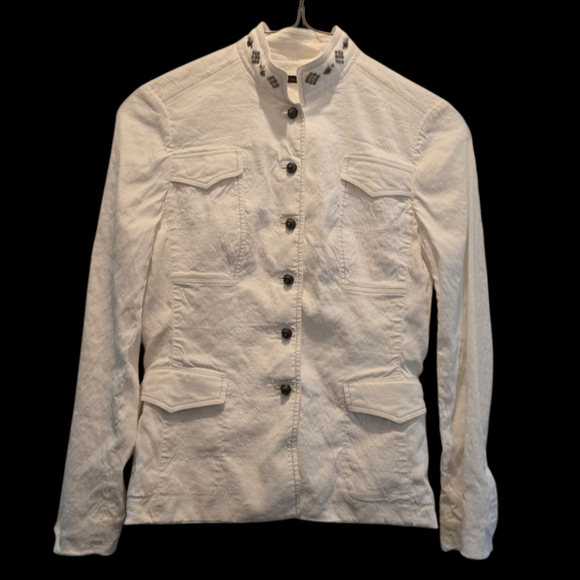 Ellie Tahari Jacket M White Embellished Crystal Button Front Pockets Cargo Linen - Picture 1 of 8